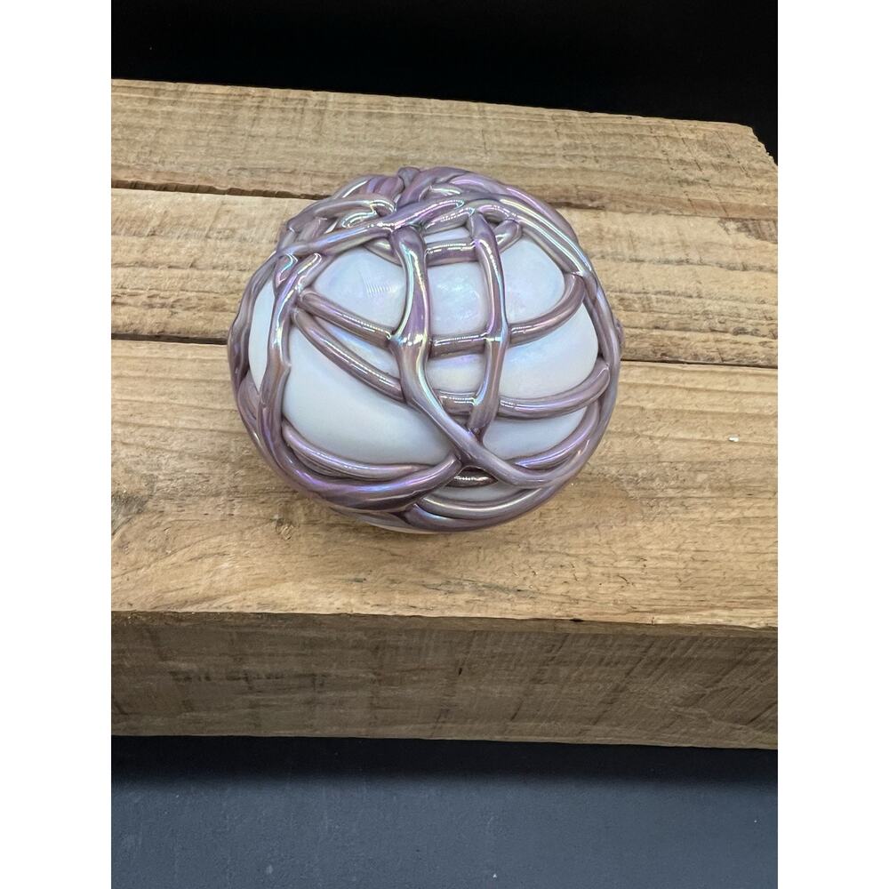 Gibson Art Glass Milk Carnival Paperweight With Applied Pink Purple Strings 1991